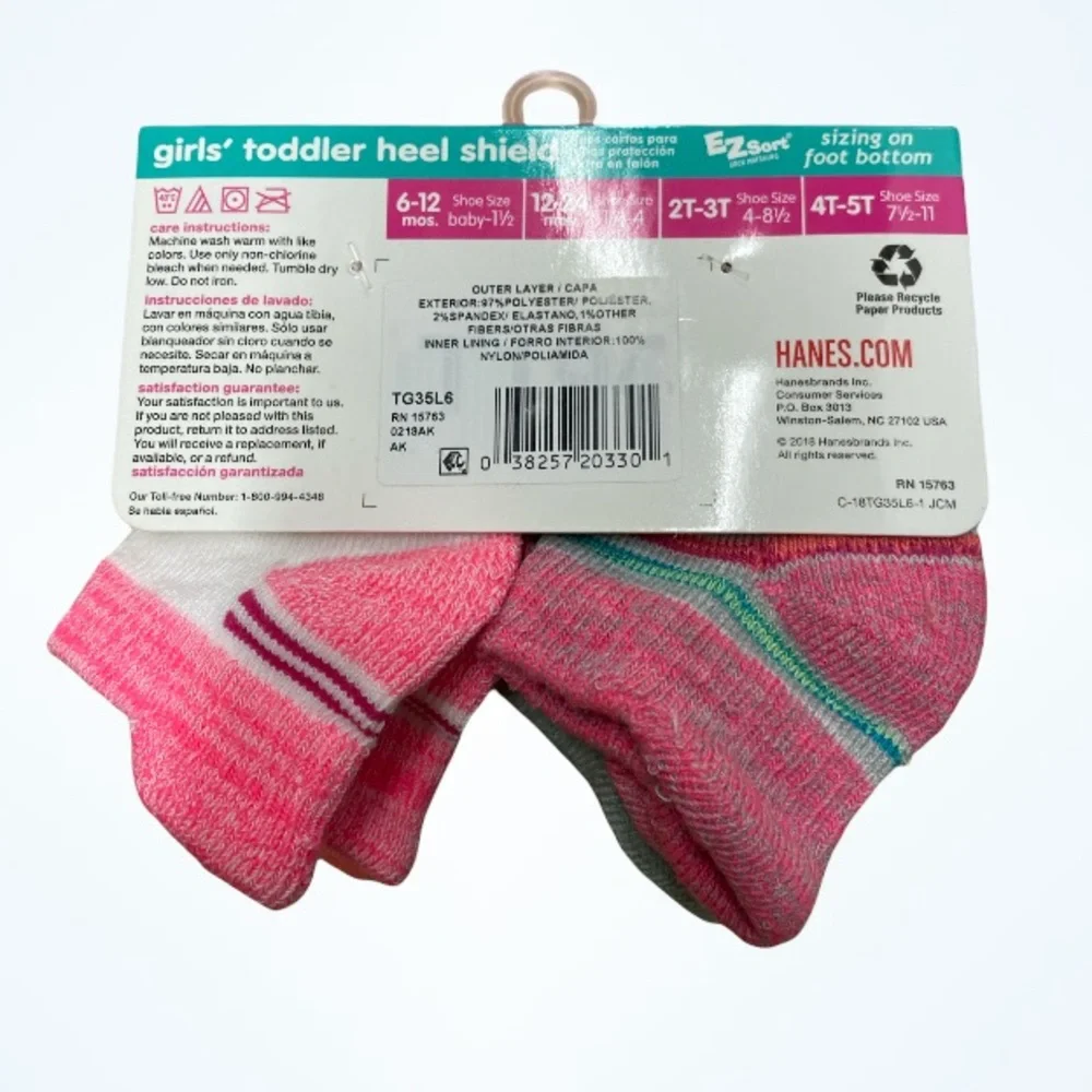 Hanes Girls Toddler Heel Shield Arch Support 6-Pairs Socks 6-12 Months NEW